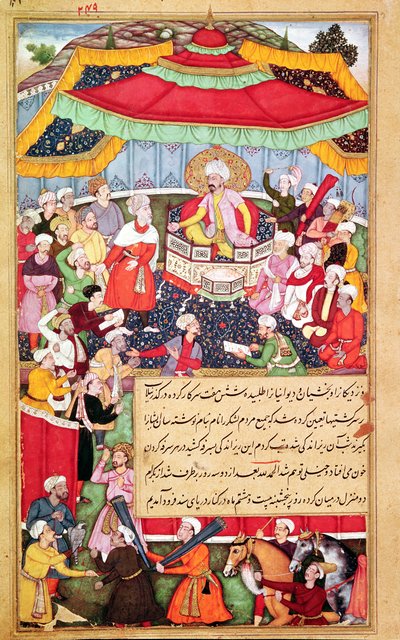 ババーナマ（バブールの回顧録）1530年から、彼の廷臣に囲まれた王の王 作： Indian School