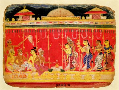クリシュナの親の結婚、ラジャスタン州メワールのバガヴァタプラーナの分散した写本、1520〜50年頃（紙に不透明なトイレ） 作： Indian School