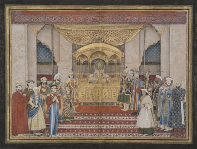 1839年、ダルバールのムガル帝国皇帝バハドゥルシャーII（紙に不透明なトイレと金） 作： Indian School