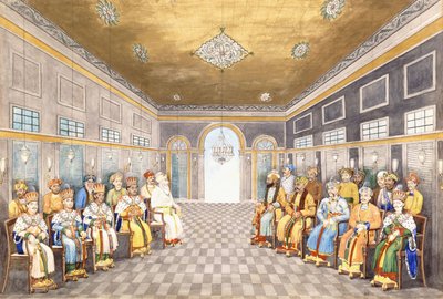 使用人が出席している宮殿の内部にあるナワブスとウードの王、1800年頃 作： Indian School