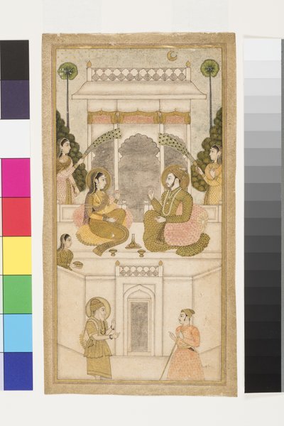 ゴルコンダのスルタン、Quli Qutb Shah、彼の配偶者と一緒に座った、1700-25（紙に不透明なトイレと金） 作： Indian School