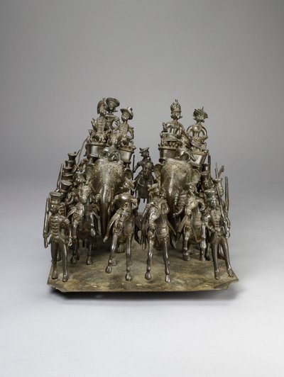 1820年頃、イギリスの住人と象に乗ったアワド藩王の騎兵隊（ブロンズ） 作： Indian School