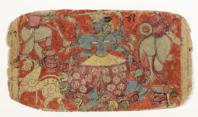 ドゥルガが悪魔シャンバとニシャンバを攻撃することから女神カーリーが悪魔と戦う（紙に不透明なトイレ） 作： Indian School
