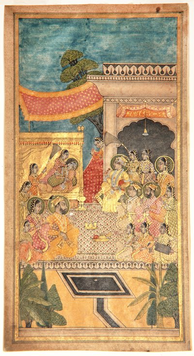 ジャルワ式でのタナシャーの結婚、1679年（不透明なトイレと紙の上の金） 作： Indian School