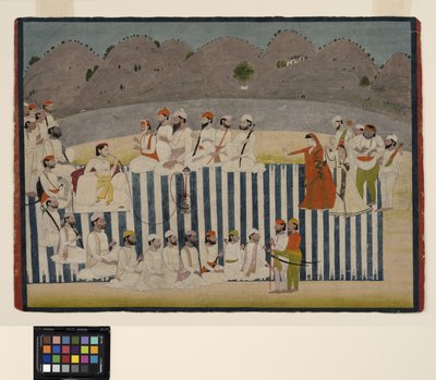 Bahadur Singhの息子は、1800年頃のナッチ（不透明な水彩画と紙に金）を見ています。 作： Indian School