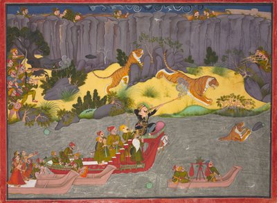 ラジャ・ラーム・シン2世の虎狩り、1830-40年頃、不透明水彩、銀・金、紙 作： Indian School