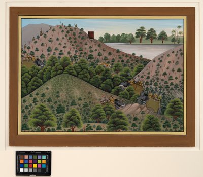 川を背景にしたタイガーハント、1880年頃（紙に不透明な水彩画） 作： Indian School