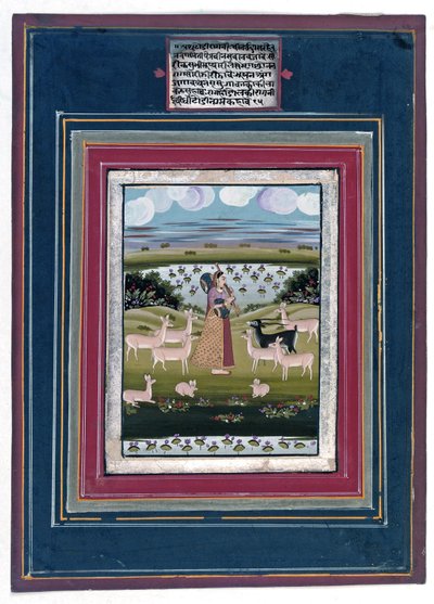 Todi ragini-動物のいる風景でビナを演奏する女性、1810〜20年 作： Indian School