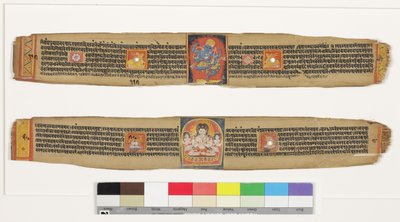 上：ヘルカを踊る;下：菩薩サダカサリAvalokitesvara and Attendants、c.1150-1200（ヤシの葉と不透明なトイレとインク） 作： Indian School