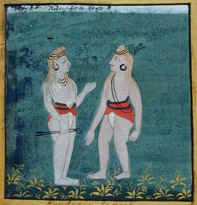二人の耳の割れた（カンファテ）ヨギ、宗教的托鉢者、ウダイプール、1810-20年頃（紙にグワッシュ） 作： Indian School