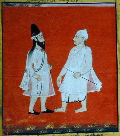 放浪する二人のモスリムのファキール（ジャンガム）宗教托鉢者、ウダイプール、1810-20年頃（紙にグワッシュ）（詳細）（136600も参照） 作： Indian School