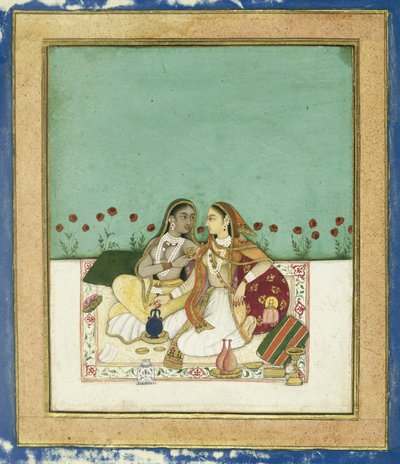 1700年以降のテラスでの2人の女性（不透明なトイレと紙の上の金） 作： Indian School