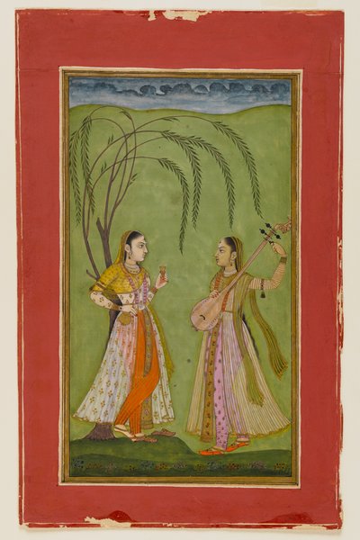 風景の中の2人の女性、c.1725（紙に不透明なトイレ） 作： Indian School
