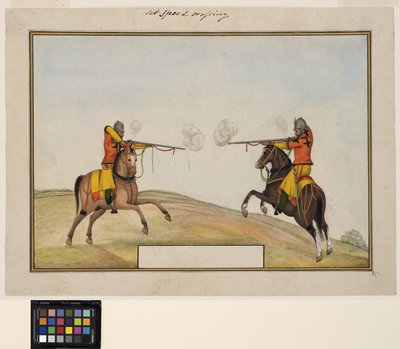 ライフルの火を交換する2人の騎乗兵士、1830年頃（不透明な水彩画と紙に金） 作： Indian School