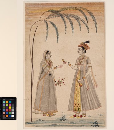 木の下にいる2人の女性、1750年頃（不透明な水彩画と紙に金色） 作： Indian School