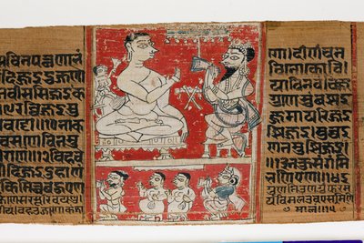 ヴィマラプラヴァはラージとラクシュミと会話する、1300年頃（ヤシの葉に不透明なトイレ） 作： Indian School