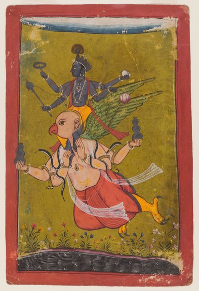 ガルーダのヴィシュヌ、c.1725以前（紙にwc、シルバー、ゴールド） 作： Indian School