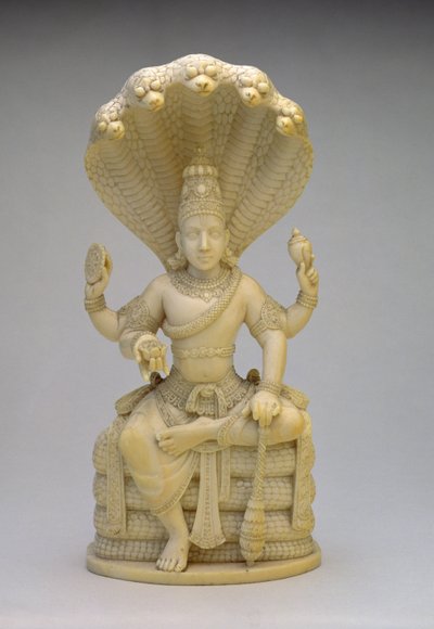 ヘビ、メイス、ディスク、ロータスを手にした、蛇のセシャに座ったヴィシュヌ 作： Indian School