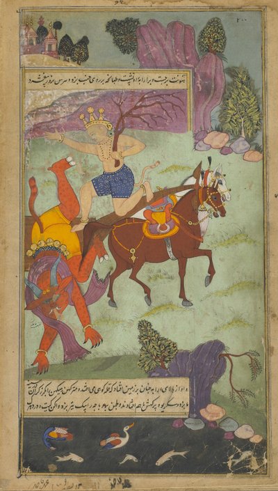Vol.2 fol.197ハヌマンフォールズジャンブーマリ（不透明な水彩、インク、紙の上の金） 作： Indian School