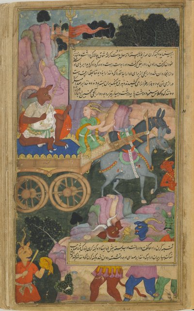 Vol.2 fol.216クンバカルナが戦車に参戦（不透明な水彩、インク、紙の上の金） 作： Indian School