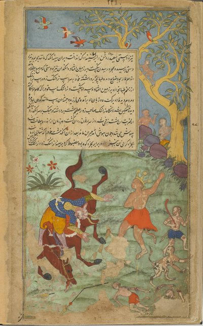 Vol.2 fol.226 Angadaが悪魔Narantakaを打つ（不透明な水彩画、インク、紙の上の金） 作： Indian School