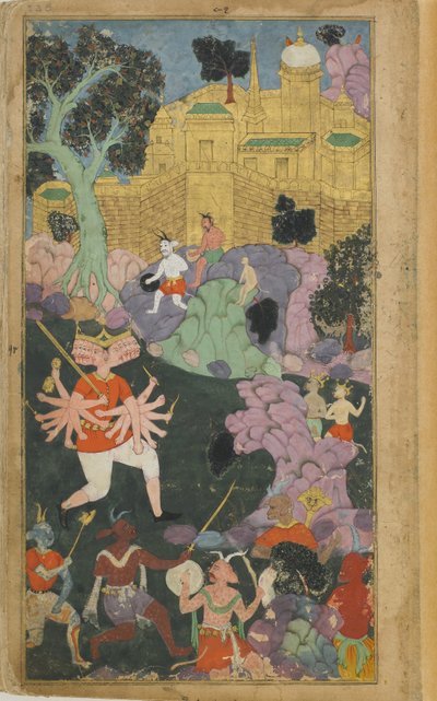 Vol.2 fol.238ラバナとその勢力が都市の前に立つ（不透明な水彩、インク、紙の上の金） 作： Indian School