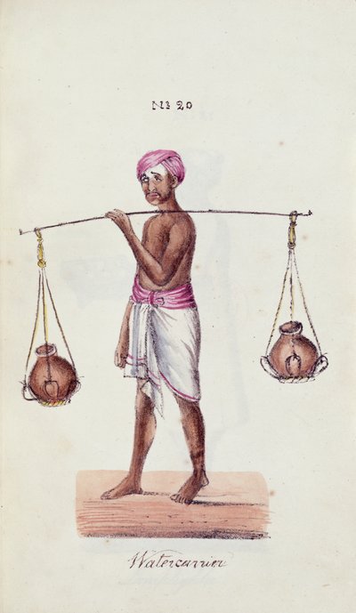 「インドのさまざまなカーストのダイジェスト」からのウォーターキャリア、Venkata Ramasvani 著、マドラス出版 作： Indian School