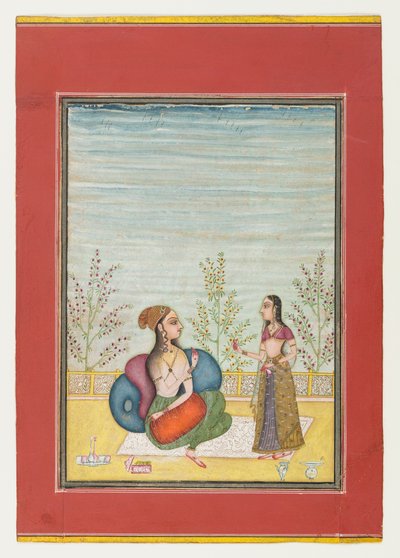 女性と付添人、1700〜10年頃（紙に不透明なトイレと金） 作： Indian School