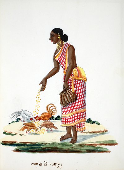 鶏に餌をやる女性（紙にトイレ） 作： Indian School