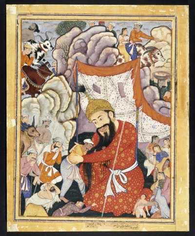ズムールドシャーが山に避難する1570（不透明な水彩画と綿の布に金） 作： Indian School