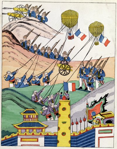 1884年のトンキン征服時に捕獲された気球を使用したフランス軍を示すポスター 作： Indo Chinese School