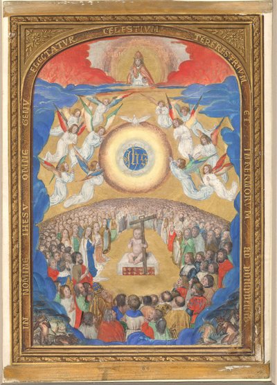 1530年以降の時間の本からの聖なる名前の崇拝が書かれた写本の葉。 作： Influence of Simon Bening