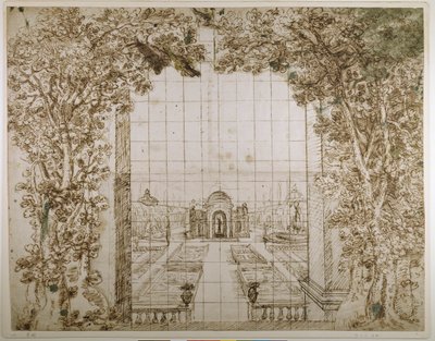 庭園と王侯貴族の別荘（紙にペン・インク 作： Inigo Jones