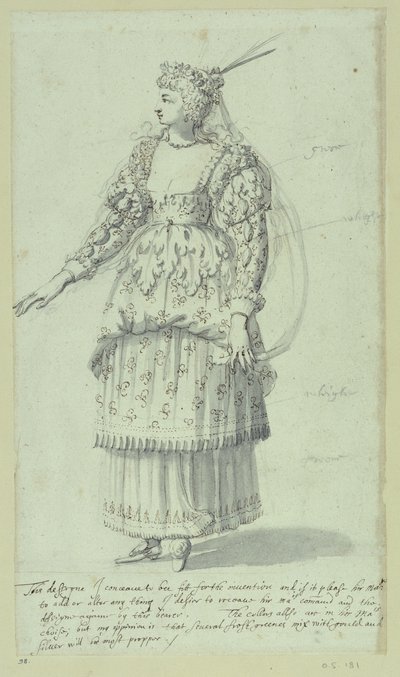 クロリス：ヘンリエッタ・マリアのための最終スケッチ、1631年頃（紙にペンとインク 作： Inigo Jones