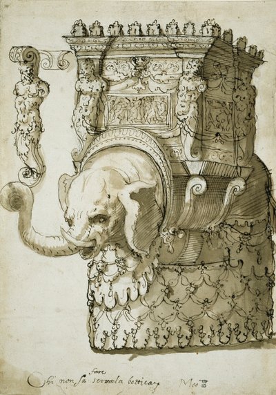 象のページェントのデザイン（紙にペンとインク 作： Inigo Jones