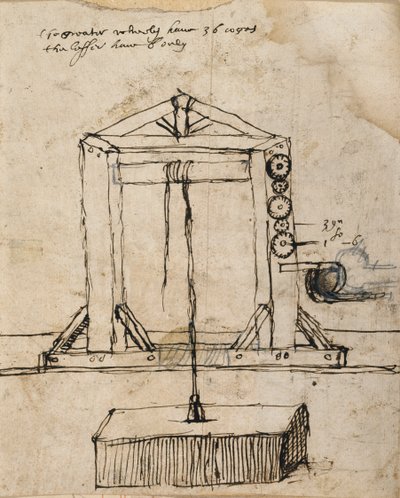 石材を持ち上げる滑車の図（紙にペンとインク 作： Inigo Jones