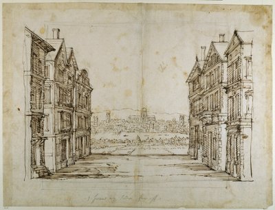 ロンドンとテムズ川を遠望するイギリスの家々（紙にペンとインク 作： Inigo Jones