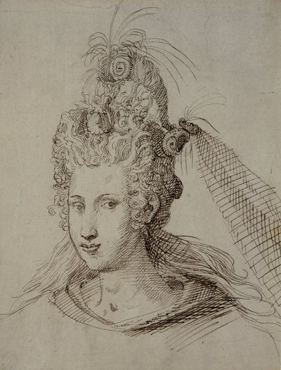アンネ・オブ・デンマークのために作られたと思われるヘッドドレス（紙にペンとインク 作： Inigo Jones