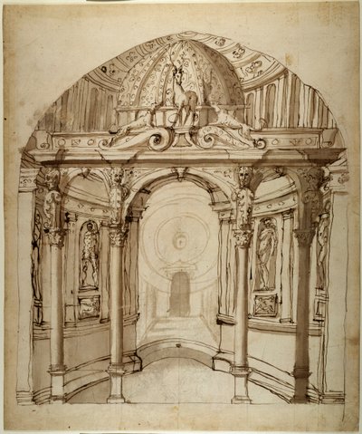 宮殿の内部（1611年頃）紙にペンとインク 作： Inigo Jones