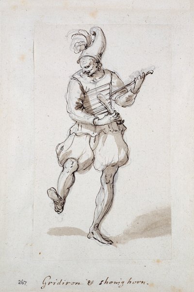 鉄板と靴べらを持つ男（紙にペンとインク 作： Inigo Jones