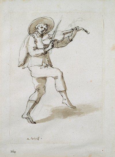 バイオリンを持つ男（紙にペン＆インク 作： Inigo Jones