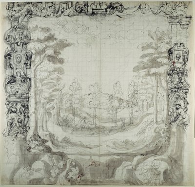 プロセニアムと狩りのシーン（紙にペンとインク 作： Inigo Jones