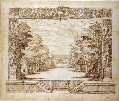 プロセニアムとスタンディングシーン、1635年頃（紙にペンとインク 作： Inigo Jones