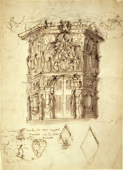 王妃の仮面 第2場 名声の館」 1609年頃 紙にペンとインク 作： Inigo Jones