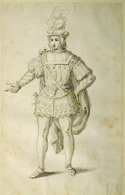 古代イギリスの衣装を着た青年 1611年頃 （紙にペンとインク 作： Inigo Jones