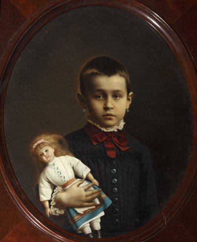 手に人形を持つ少女の肖像画 by Volkov, Iosif Petrovich (1854-after 1897). キャンバスに油彩 作： Iosif Petrovich Volkov