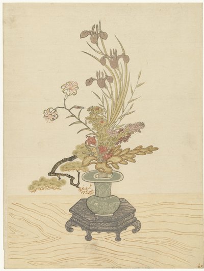 緑の花瓶の生け花アレンジ 作： Ippitsusai Bunchô (manner of)