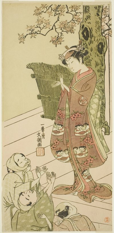 1768 年 11 月 1 日から中村座で上演された俳優、初代嵐ひなじ、おそらく今をさかり末広源氏の湯屋御前 作： Ippitsusai Bunchō
