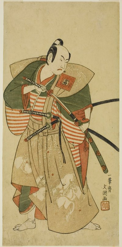 The Actor Ichikawa Komazo II as Kudo Saemon Suketsune (?) in the Play Haru wa Soga Akebono-zoshi (?), Performed at the Nakamura Theater (?) in the First Month, 1772 (?) 作： Ippitsusai Bunchō