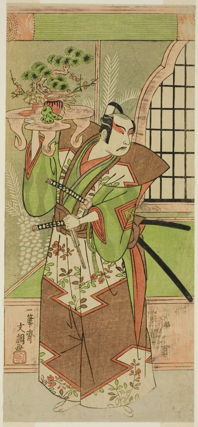 1773 年 2 月、森田座で上演された芝居「蘇我物語」の上演前祝賀会での二代目市川八百蔵 作： Ippitsusai Bunchō